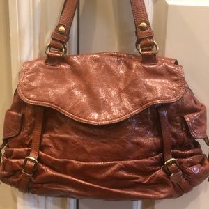 Kooba brown leather handbag with brass buckles